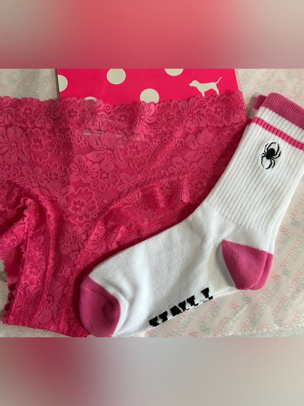PINK Victoria's Secret Hot Pink Lace  Panty w/ Crew Socks